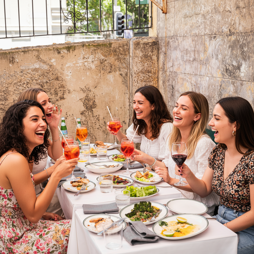 A group of girls enjoying an Engagement party in the courtyard of Pan Divino