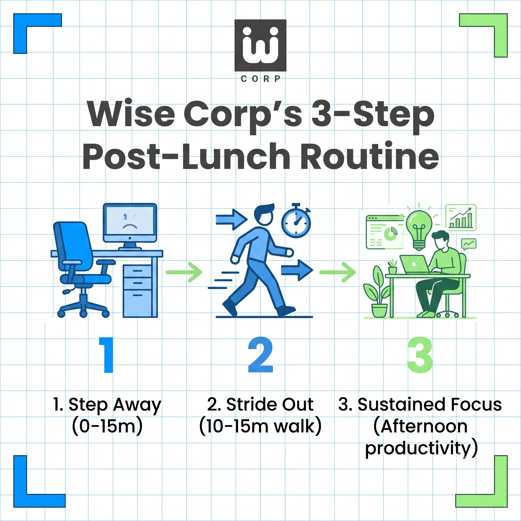 Wise Corp 3-Step Post-Lunch Walking Routine Graphic.