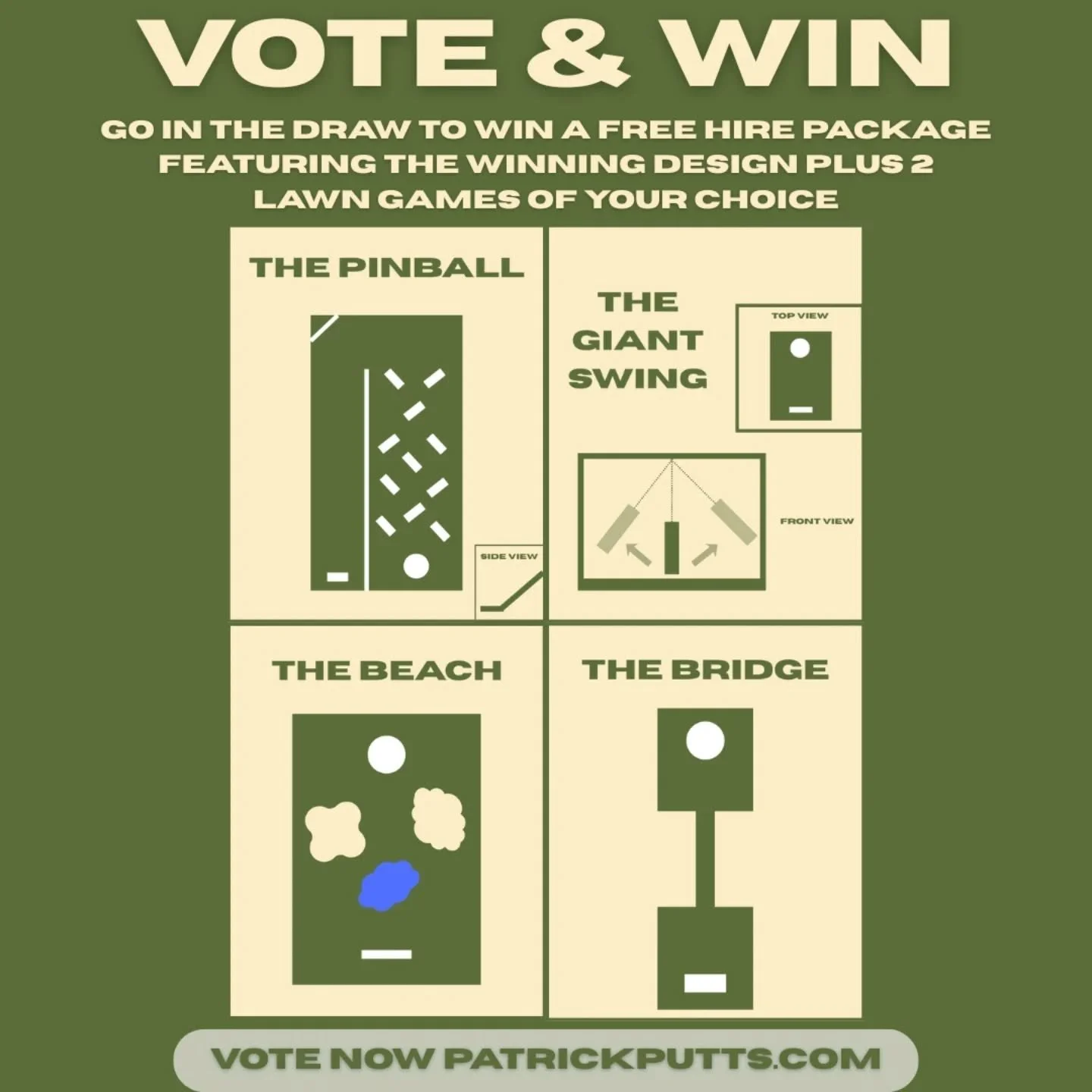 ⛳️ We're building our next hole and want you to help us choose it!

Check out the designs, vote for your favourite and go in the draw to win a hire package featuring the winning hole plus 2 lawn games of your choice 🎉

✅️ Vote now at patrickputts.co