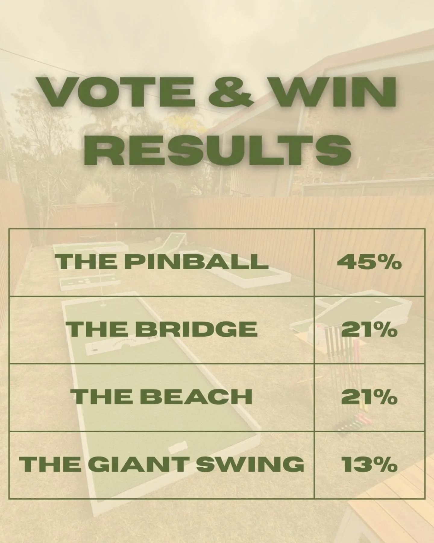 The results are in and you've decided that our next hole will be the pinball! 

Stay tuned to see it come to life shortly

Congrats to Mandy for winning our competition and thank you to everyone who took part
