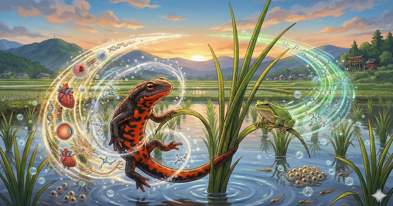 アカハライモリとニホンアマガエルのイラスト