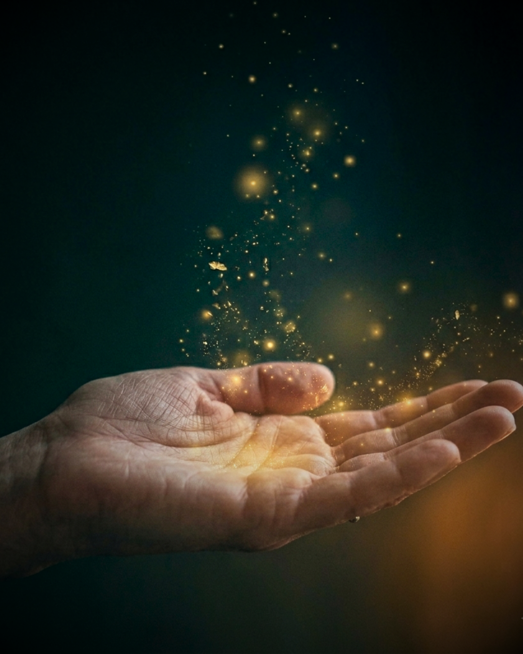 Visualization of shamanic intention showing a glowing golden star gathering above a hand in a dark forest green void.