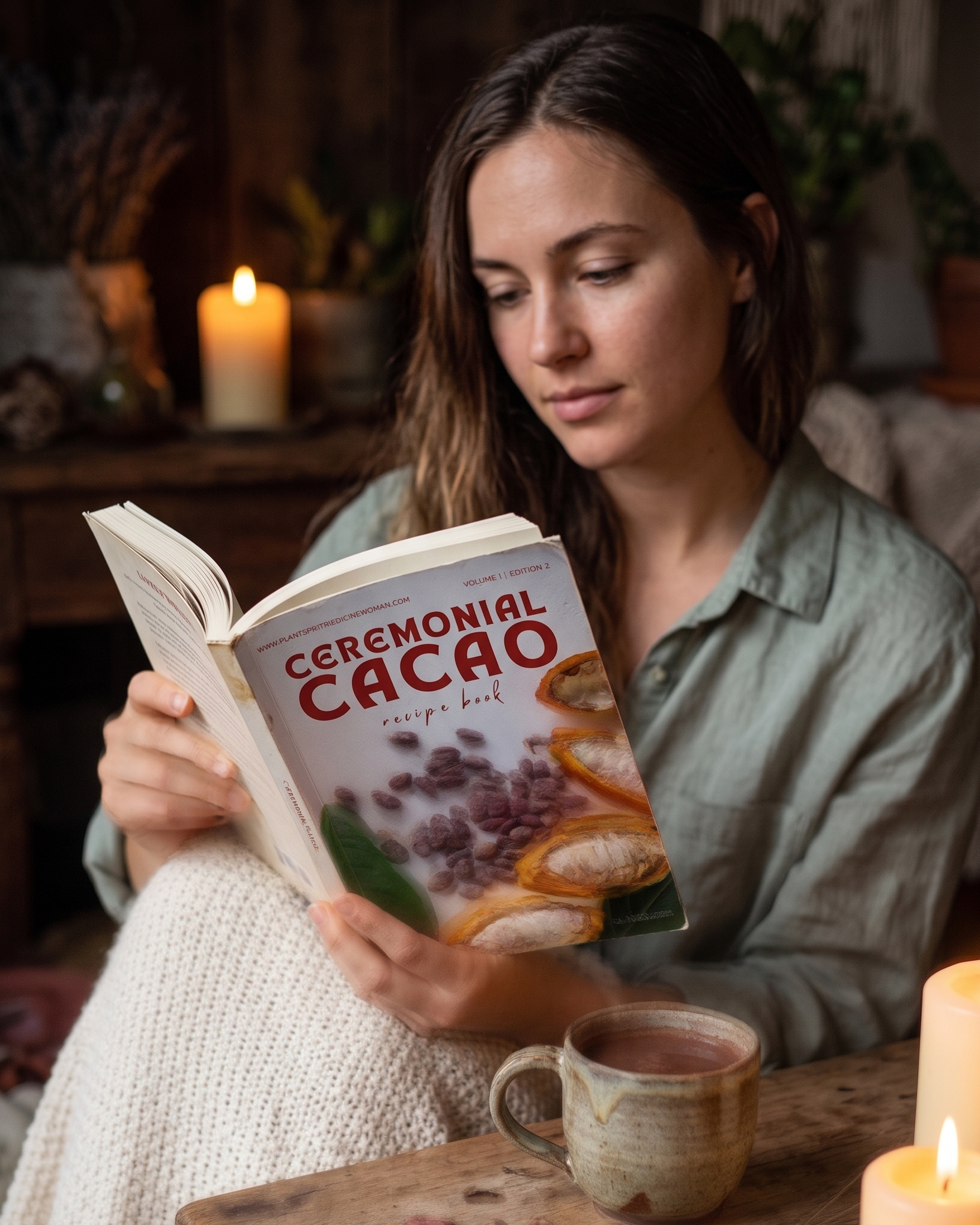 Sorrell Robbins' Ceremonial Cacao Recipe Book, held open by a woman reading by candlelight
