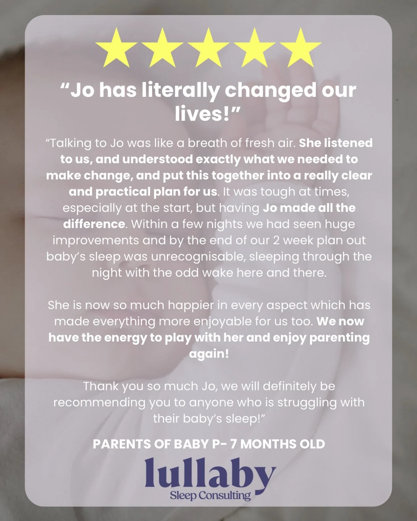 When I work with families to improve their little one&rsquo;s sleep, they are never just left to follow their plan alone. 

One of the biggest things I hear from the families I work with is that they couldn&rsquo;t have done it without my support.

H