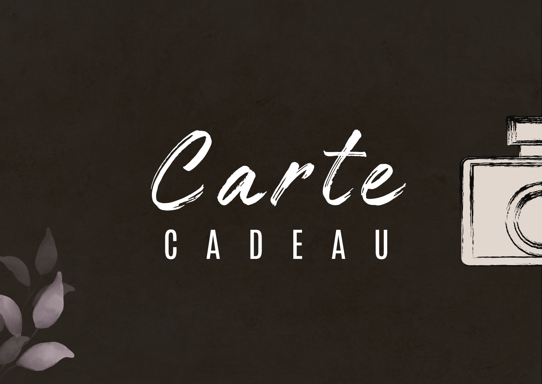 Carte cadeau avec texte en français 'Carte Cadeau', décoration représentant une branche d'arbustes ou de feuilles, et un dessin d'un appareil photo