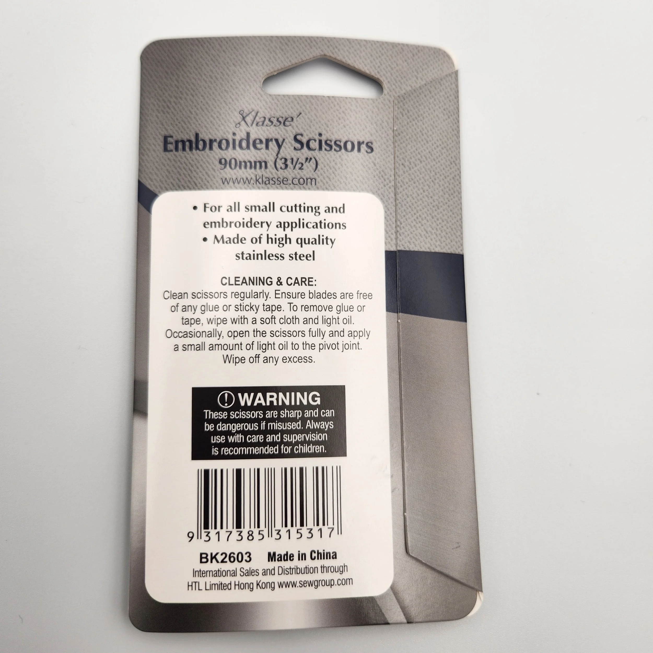 Klasse embroidery scissors 3.5 inch gold handle packaging back showing product information