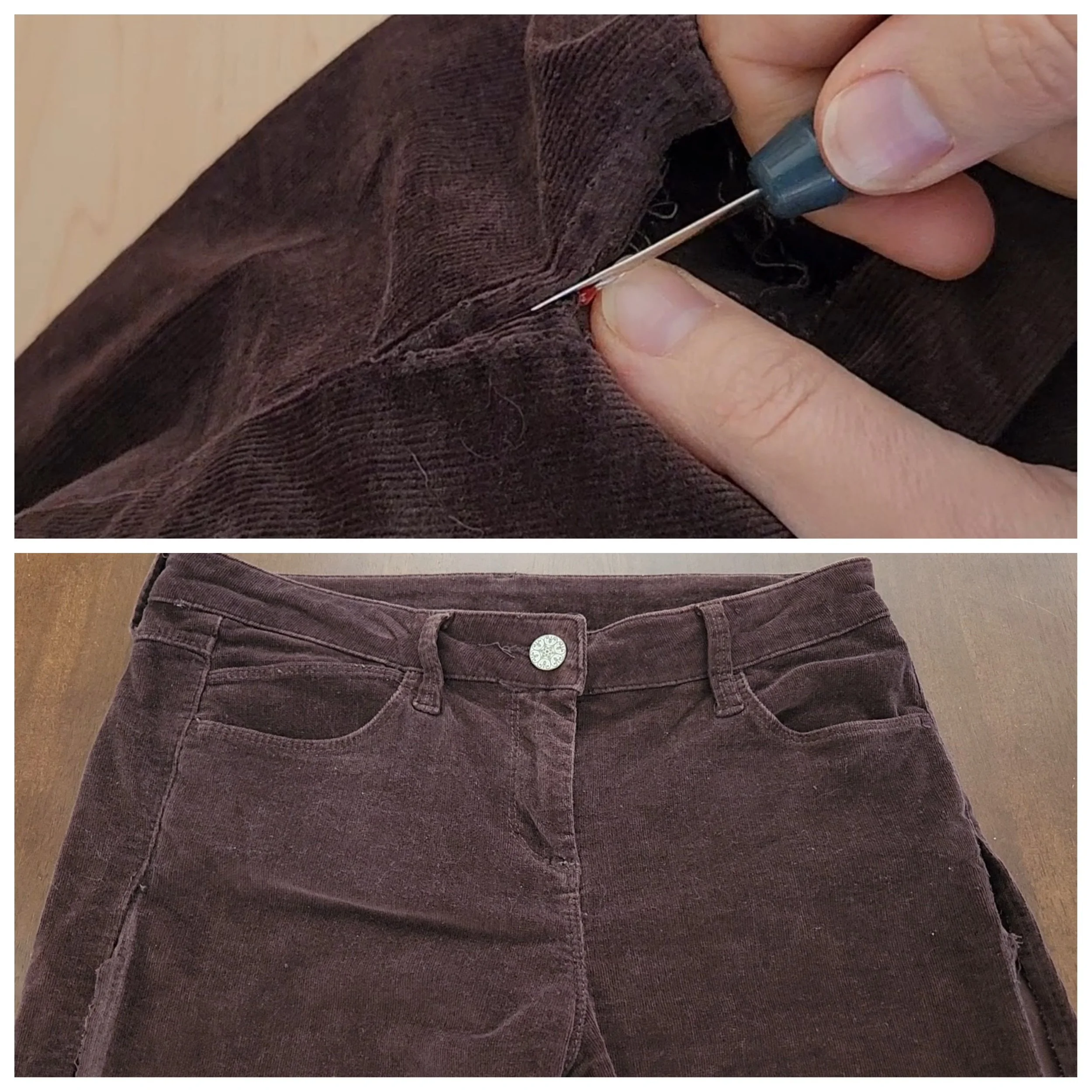 Close-up of brown corduroy pants with side seam partially ripped open up to the base of the pocket.