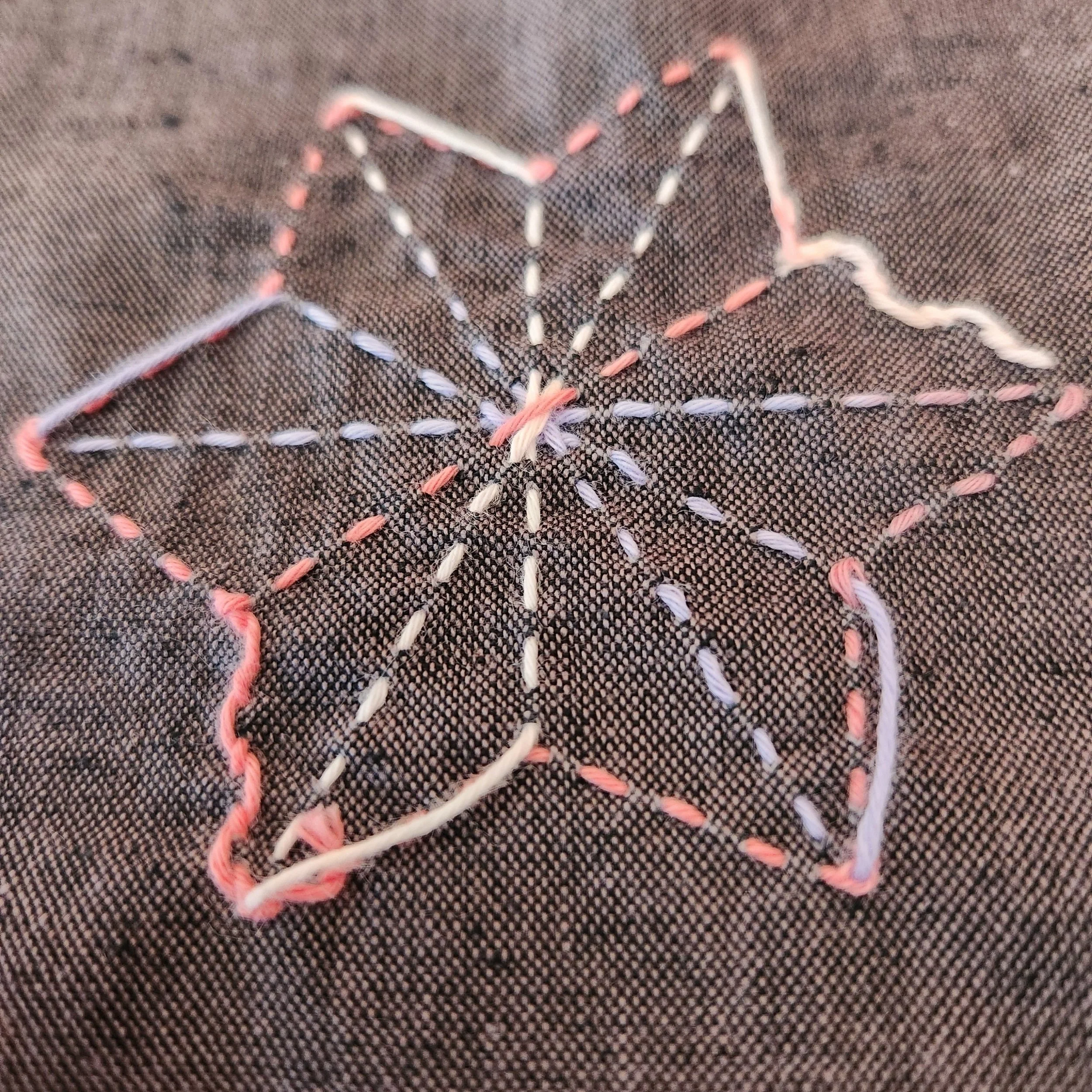 Back of sashiko coaster showing slight slack in carried thread.