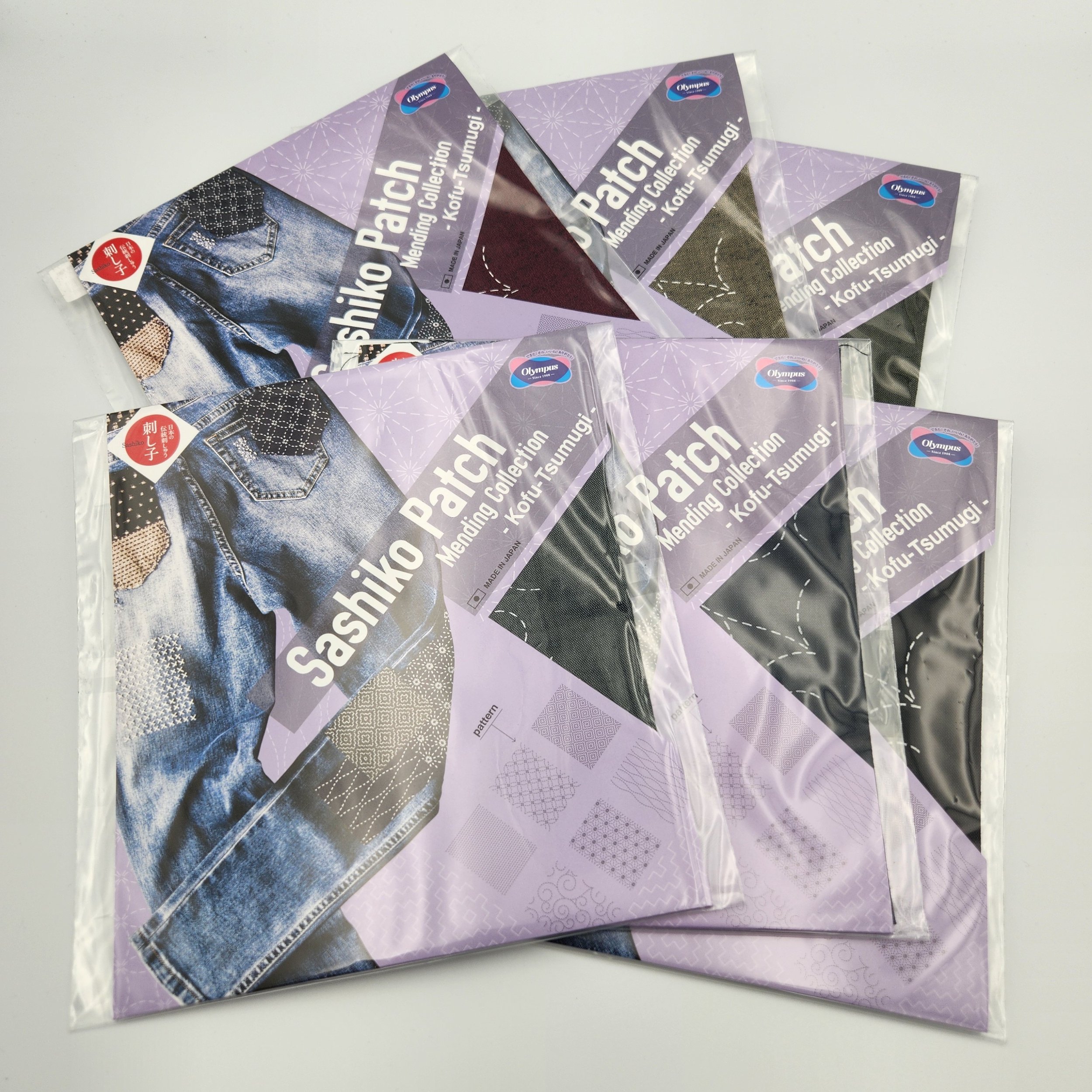 Olympus sashiko patch mending collection tsumugi in assorted colours displayed together