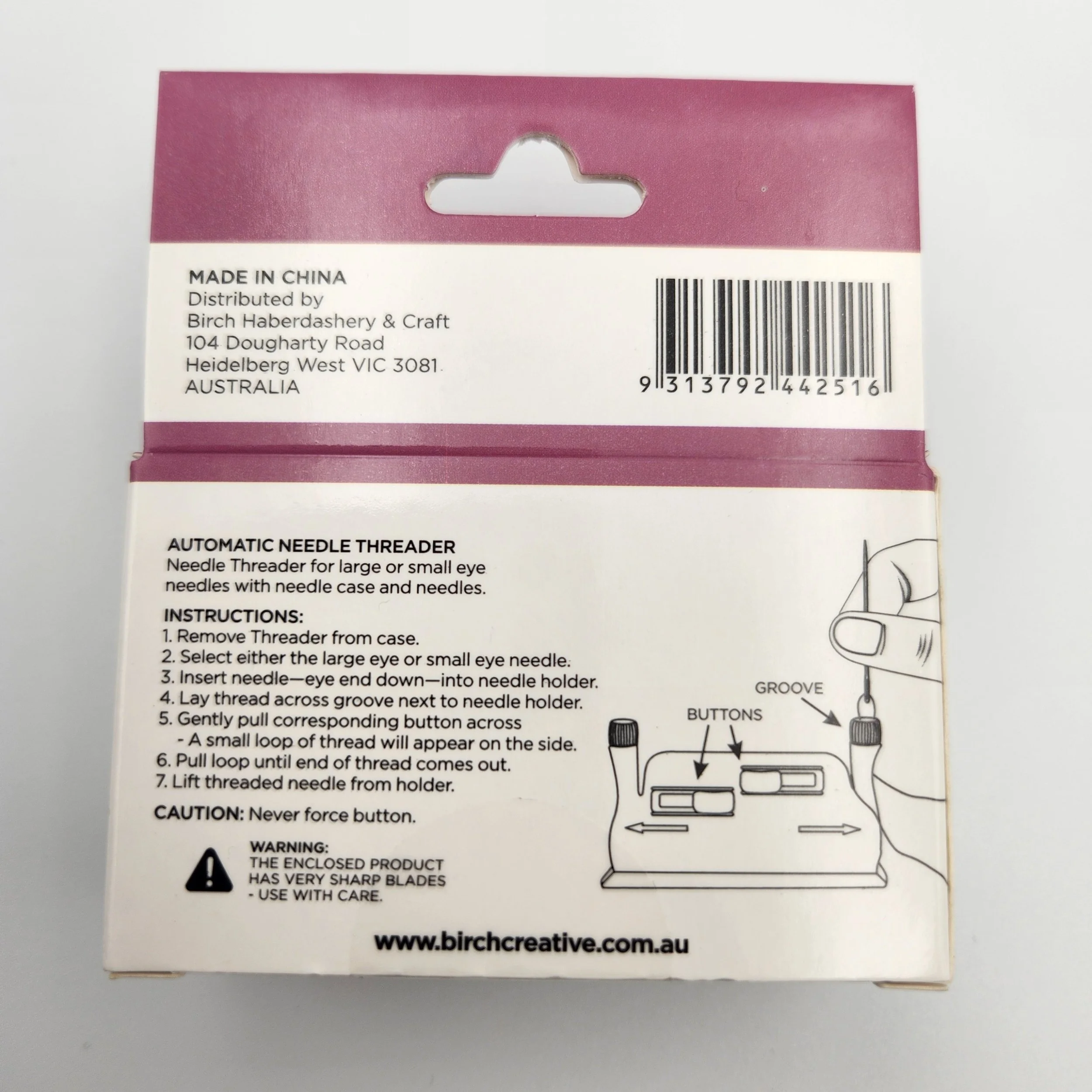 Birch automatic needle threader sewing tool back of packaging showing instructions
