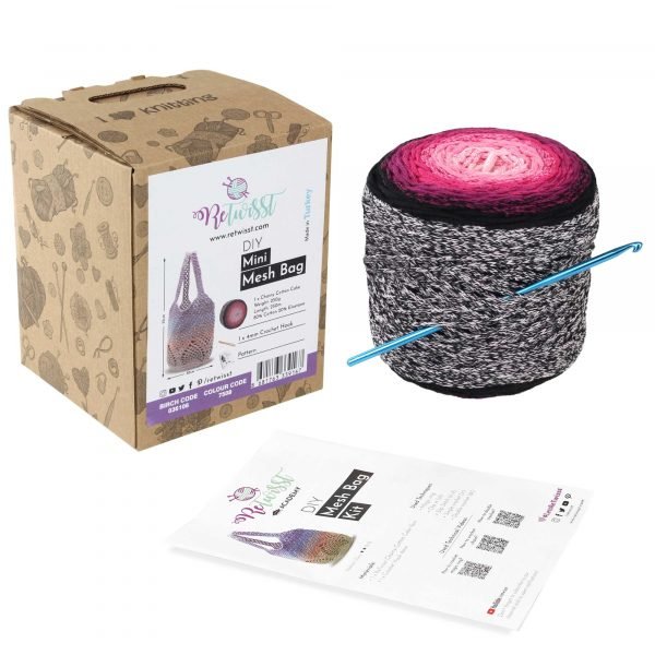 Retwisst Mini Mesh Bag Kit in violet showing box, yarn cake, crochet hook and instructions