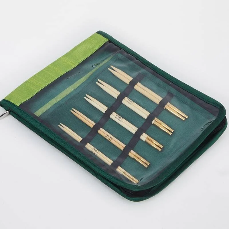 KnitPro Bamboo interchangeable needle starter set in green fabric storage case.