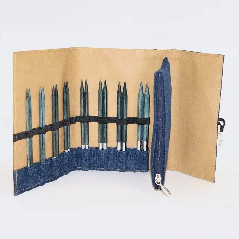 KnitPro Indigo Wood interchangeable needle set case open with inner zip pocket shown from another angle