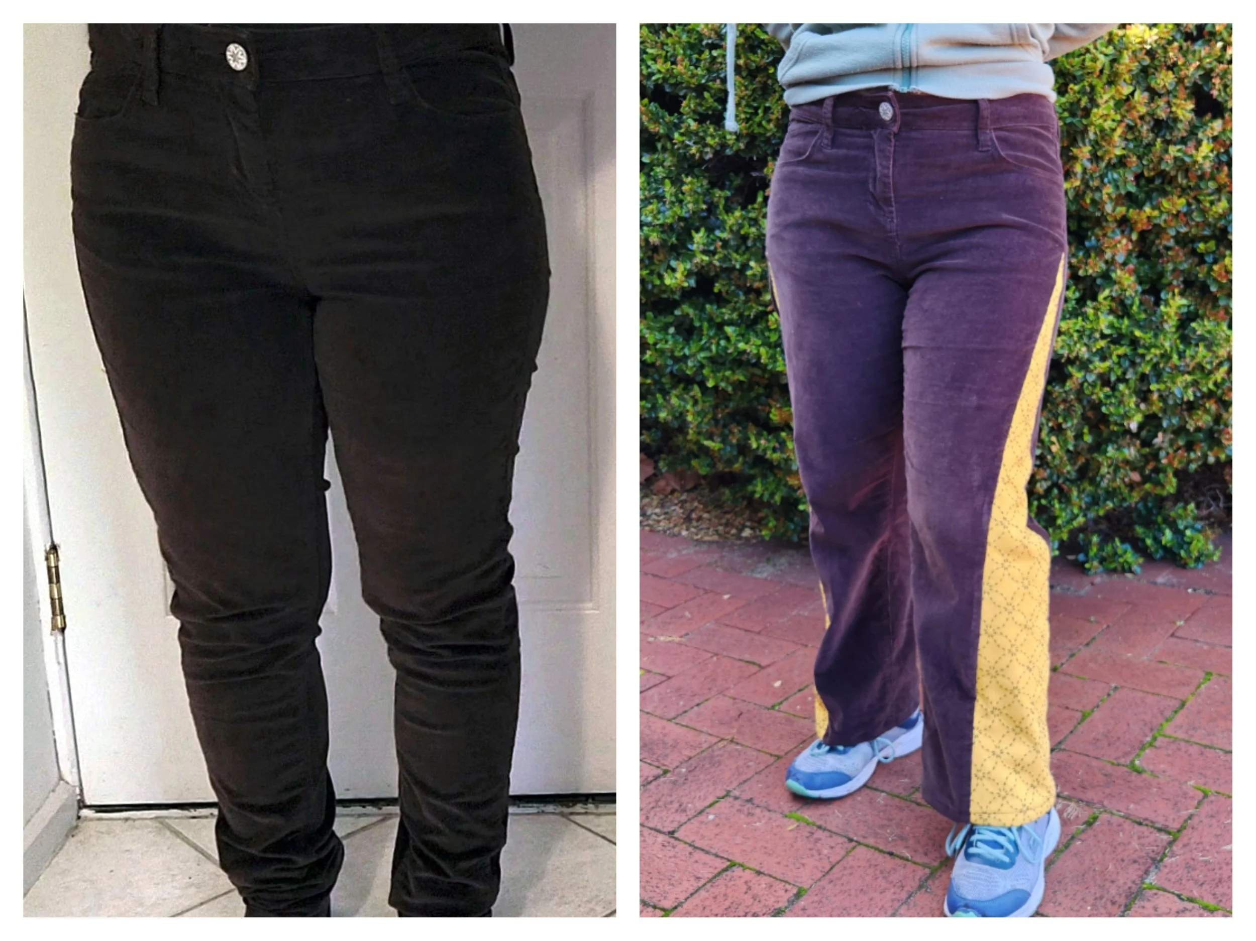 Side-by-side images showing brown corduroy pants before upcycling and after adding mustard sashiko gussets for a wider leg and unique look.