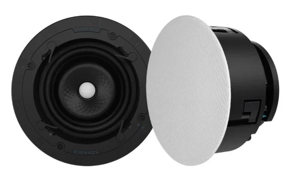 Two round in-ceiling speakers, one showing the front with a white grille and the other showing the back with a black frame.