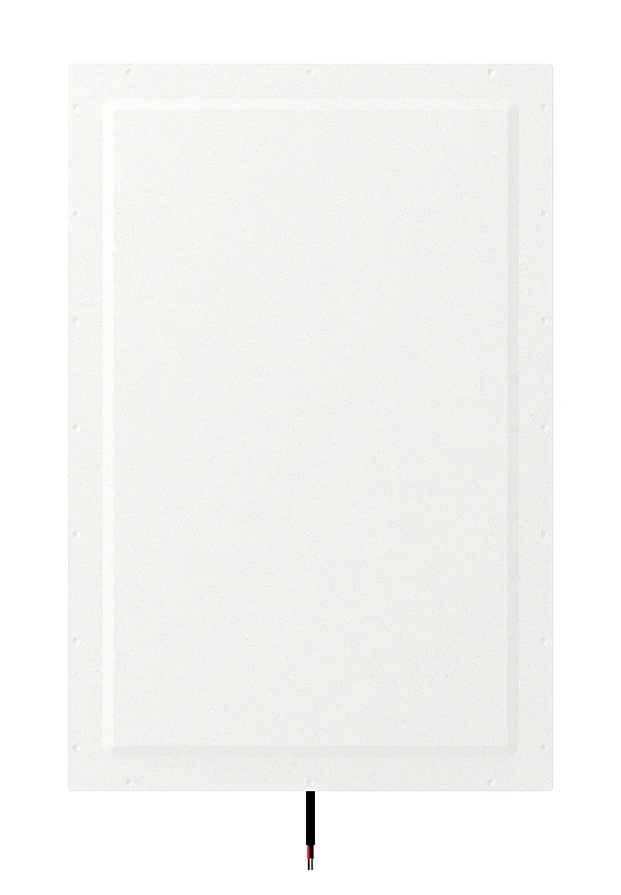 Empty white rectangular panel or board with a black and red cable or wire hanging from the bottom.
