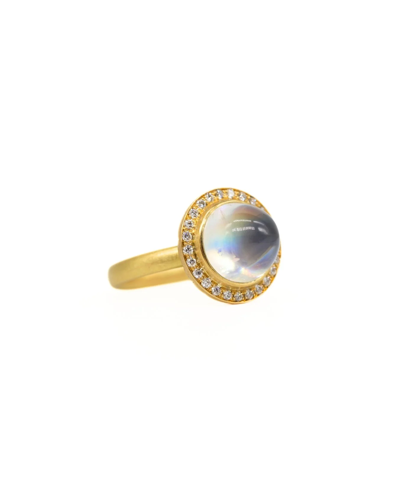 Rainbow Moonstone Ring with Diamond Halo