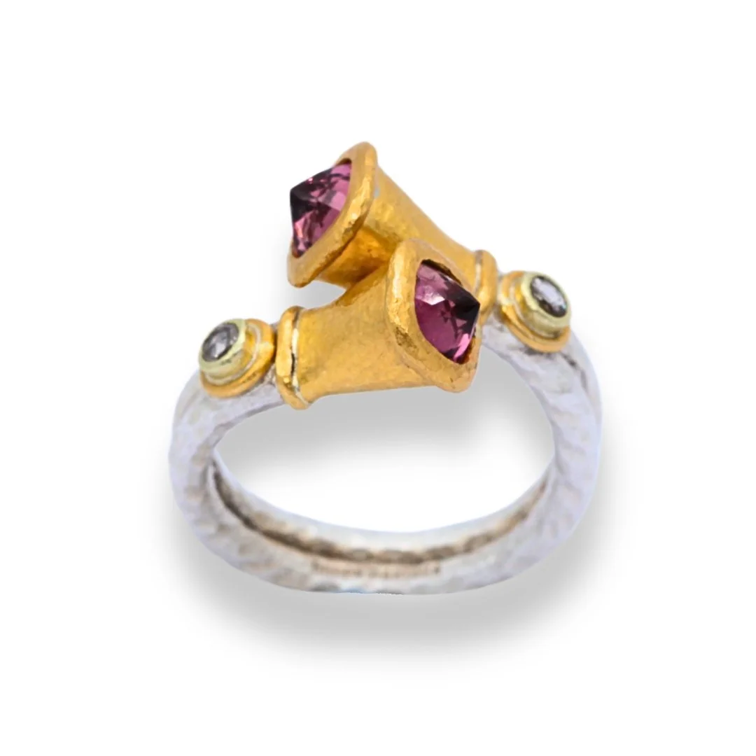 Crossover Silver Ring with 24ct gold setting Pink Tourmalines and Diamonds
