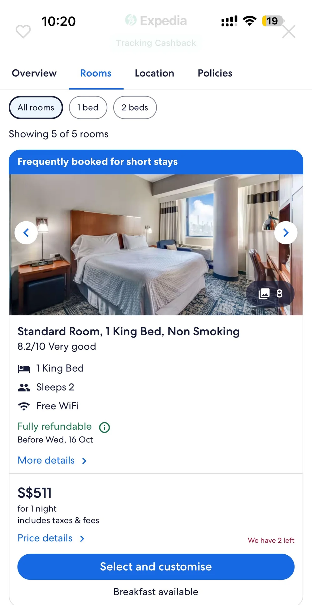 Price of a hotel room after activating ShopBack (Expedia website)