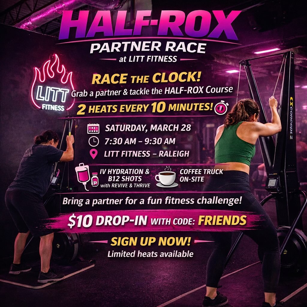 🔥 HALF-ROX is coming to LITT

On Saturday, March 28, grab a partner and race the clock through our HALF-ROX course.

🏃&zwj;♀️ Teams start every 10 minutes from 7:30&ndash;9:30am

After your race stick around with the community.

We&rsquo;ll have:


