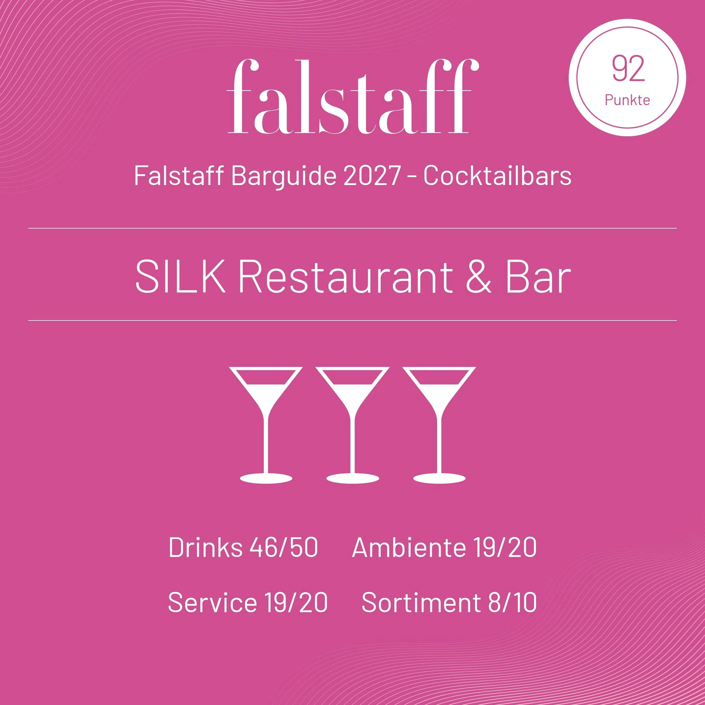 92 points. One exceptional Bar.

We&rsquo;re delighted to share that our SILK Restaurant &amp; Bar has been awarded an outstanding 92 points in the Falstaff Bar Guide 2027!

From expertly crafted drinks to a distinctive atmosphere and attentive servi