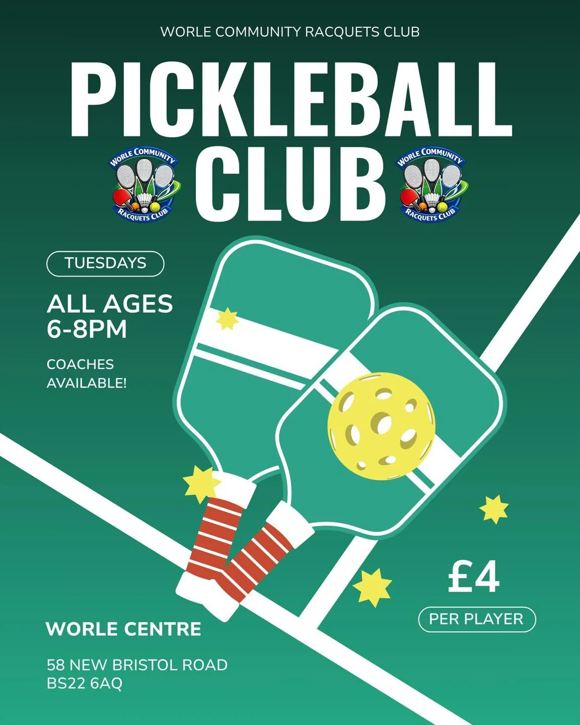 🏓 PICKLEBALL IS ON TONIGHT! 🎾

Looking for a fun, friendly way to get active? Join us tonight at Worle Community Racquets Club for Pickleball 🙌

✨ All ages &amp; all abilities welcome
🏓 Coaches available

⏰ 6&ndash;8PM
📍 Worle Centre, 58 New Bri