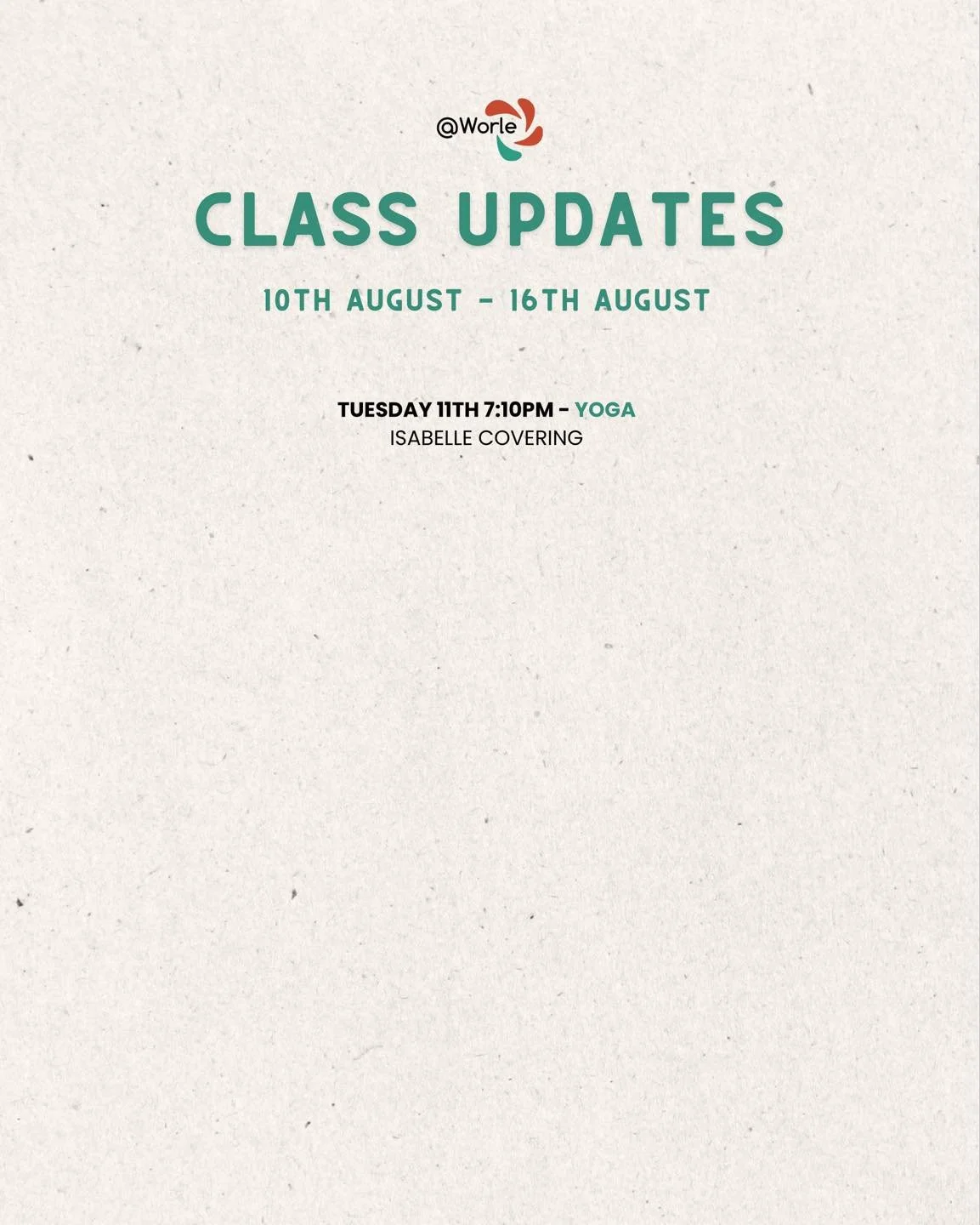 Class Changes 📣

We have just one change next week!