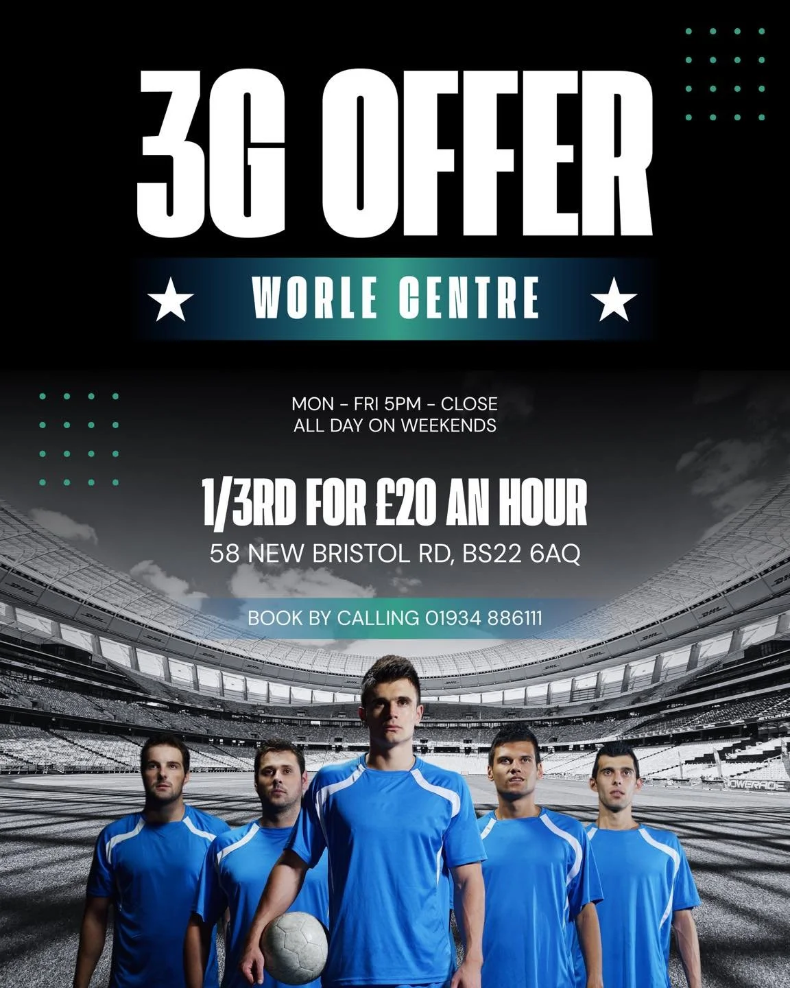 Who's ready for a game? ⚽🔥

Book our 3G pitch for just &pound;20 per hour &ndash; perfect for groups of friends, families, or teams looking for a kickabout.

✅ Offer applies to ad hoc bookings only.

📍 Worle Centre
58 New Bristol Road, BS22 6AQ

📞