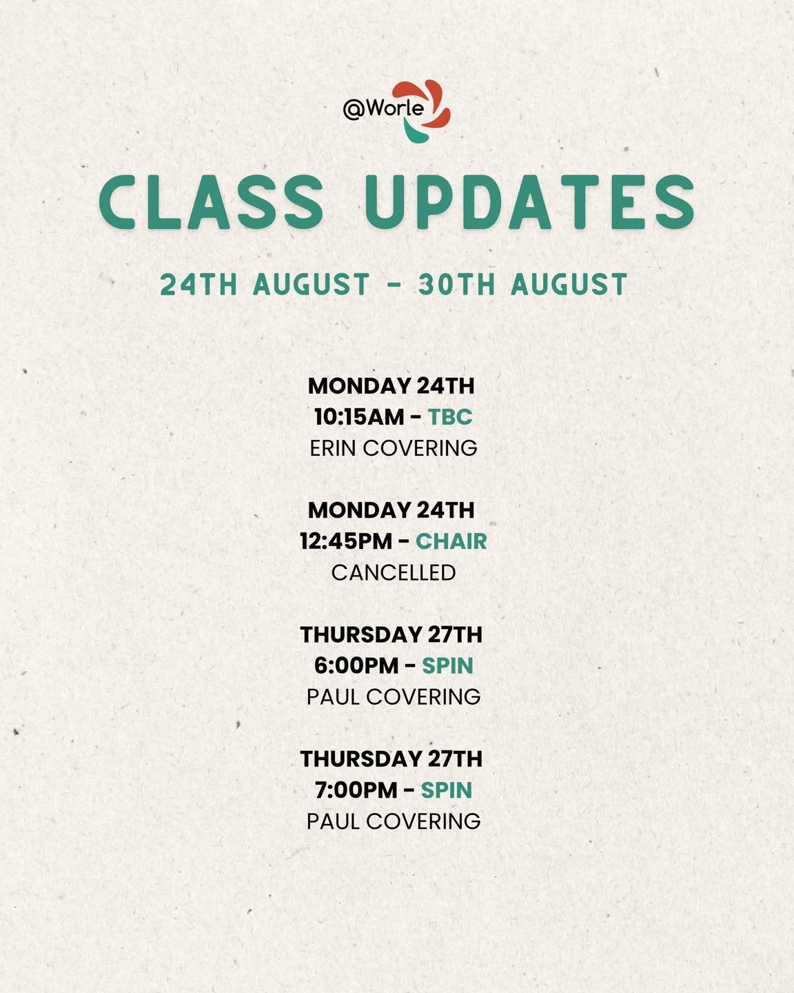 Class Changes 📣

Please check this graphic &amp; the studio notice board for any changes that impact you!