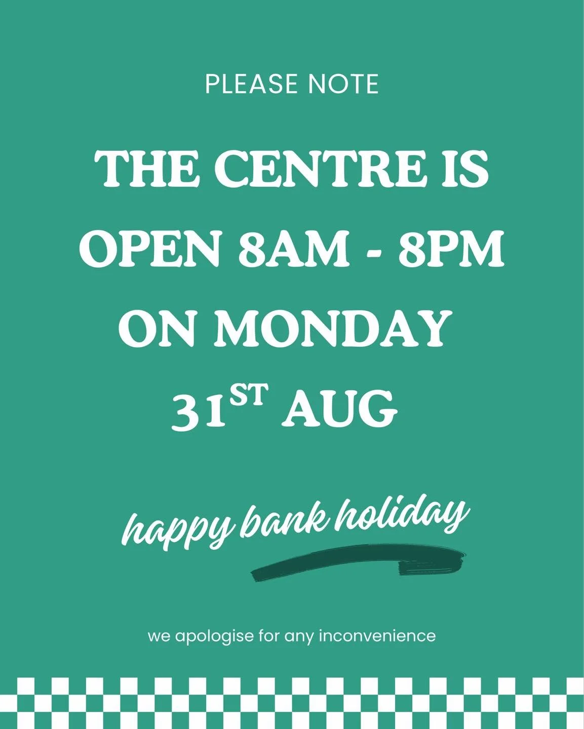 BANK HOLIDAY MONDAY 📣

We are open 8am-8pm on Monday 31st of August!

Class changes to follow. Please keep an eye on the notice board and social media.

Thank you,

The team @Worle.