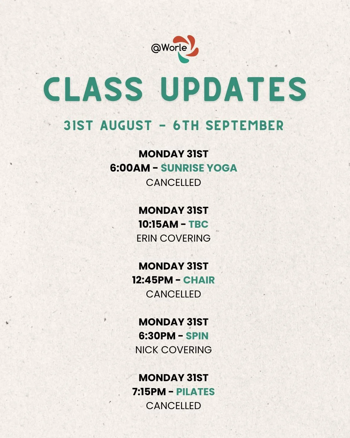 Class Changes 📣 

Please pay particular attention to Monday&rsquo;s changes and cancellations, which are a result of the bank holiday ☀️