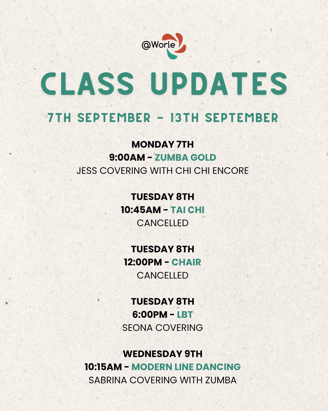 Class Changes 📣

We have some cancellations this week, please check to see if this applies to any of your classes!