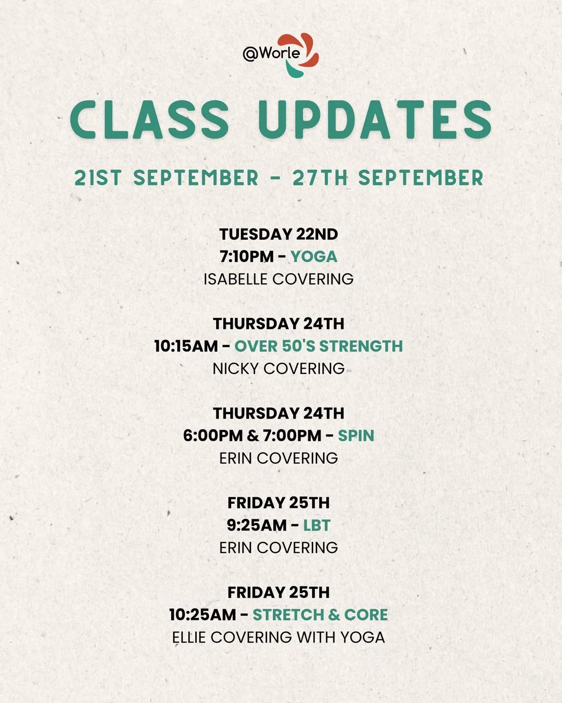 Class Changes 📣

We have a few cover instructors this week, all familiar faces! Thank you to those who have stepped in to help ☺️