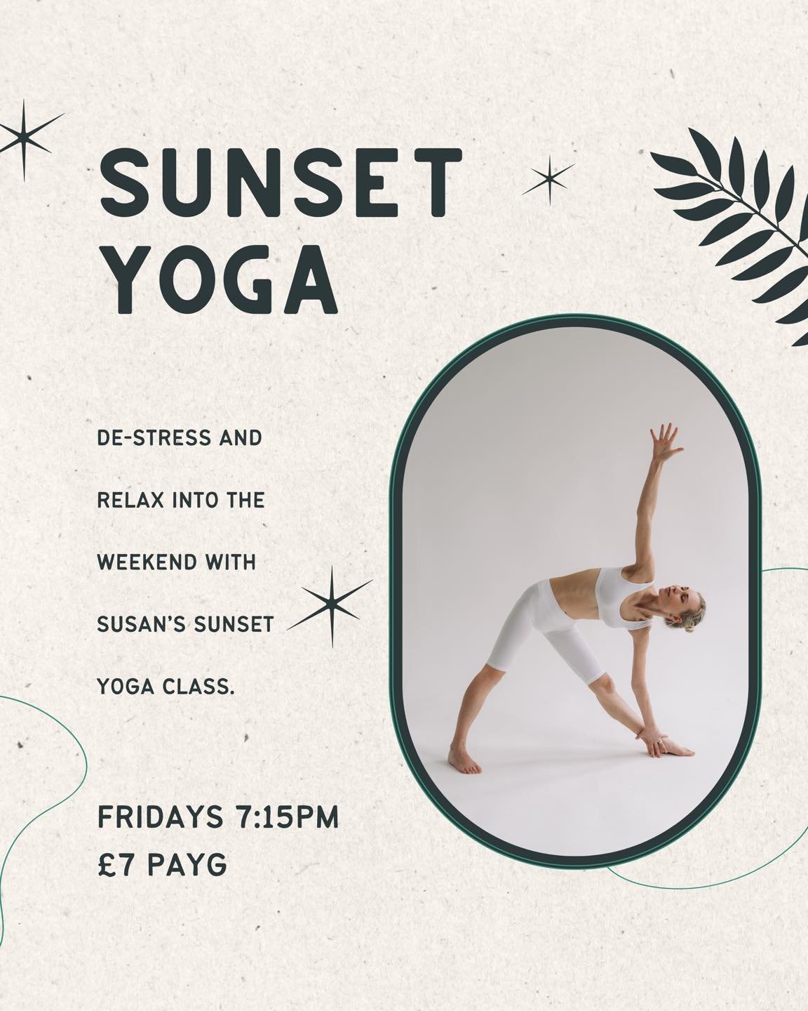 SUNSET YOGA 🧘🏼&zwj;♀️ 

Unwind, breathe, stretch and let go of the week with Susan&rsquo;s relaxing Sunset Yoga class 🌅

Join us every Friday at 7:15pm for a peaceful end-of-week reset. Come along, slow down and make some time for yourself. 💚

📅
