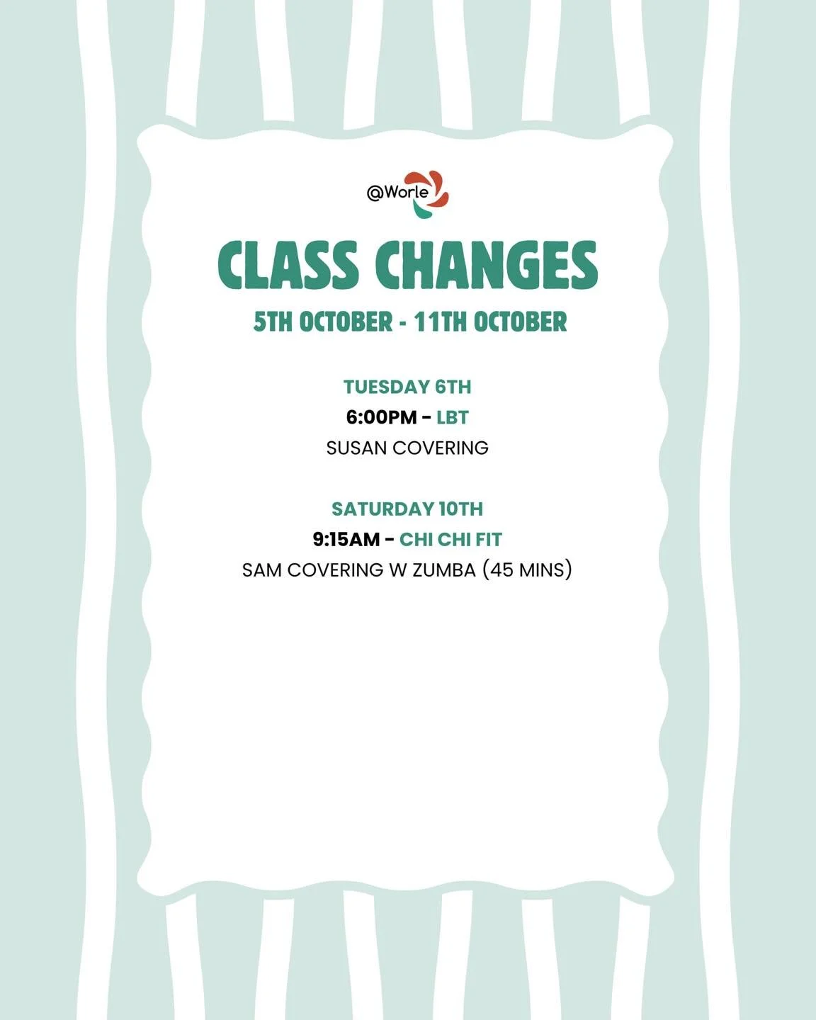 📣 Next week&rsquo;s class changes are here! 

Just two cover instructors this time with no cancellations. Thank you Susan &amp; Sam for stepping in 💪🏼