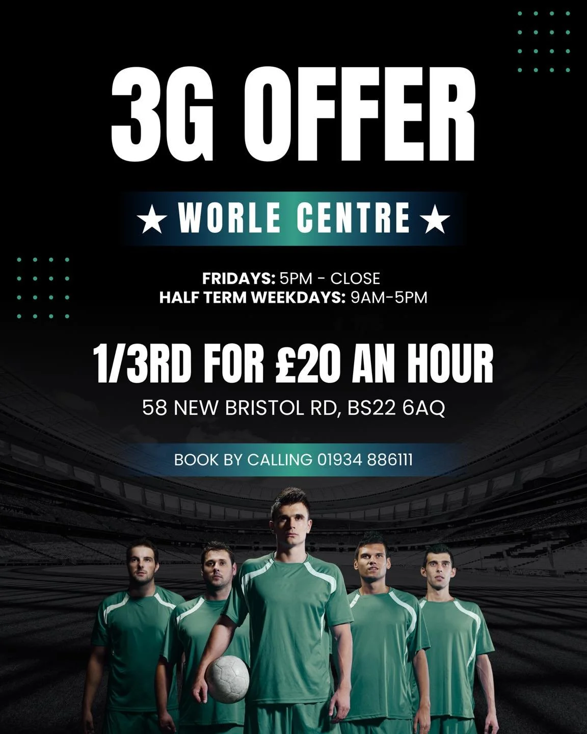 Looking for an extra training session or a kick around with your mates? Take advantage of our 3G offer &ndash; just &pound;20 per hour! ⚽️ 

🗓️ Fridays: 5pm &ndash; Close
🗓️ Half-Term Weekdays: 9am &ndash; 5pm
📍 58 New Bristol Road, BS22 6AQ

📞 B