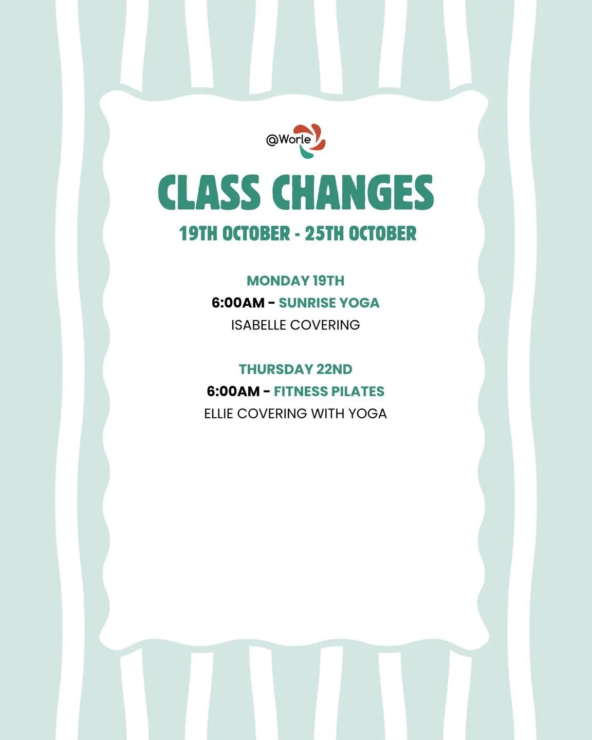 Class changes 📣

Just two changes next week!