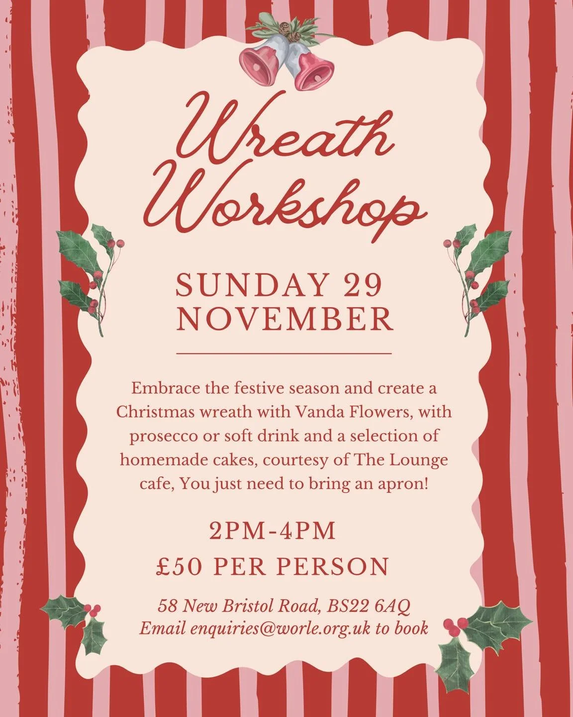 Get into the festive spirit with our Christmas Wreath Making Workshop ✨

Join us at The Lounge at @Worle for a lovely afternoon with Vanda Flowers, creating your very own Christmas wreath to take home 🌿

Enjoy a glass of prosecco or a soft drink, pl