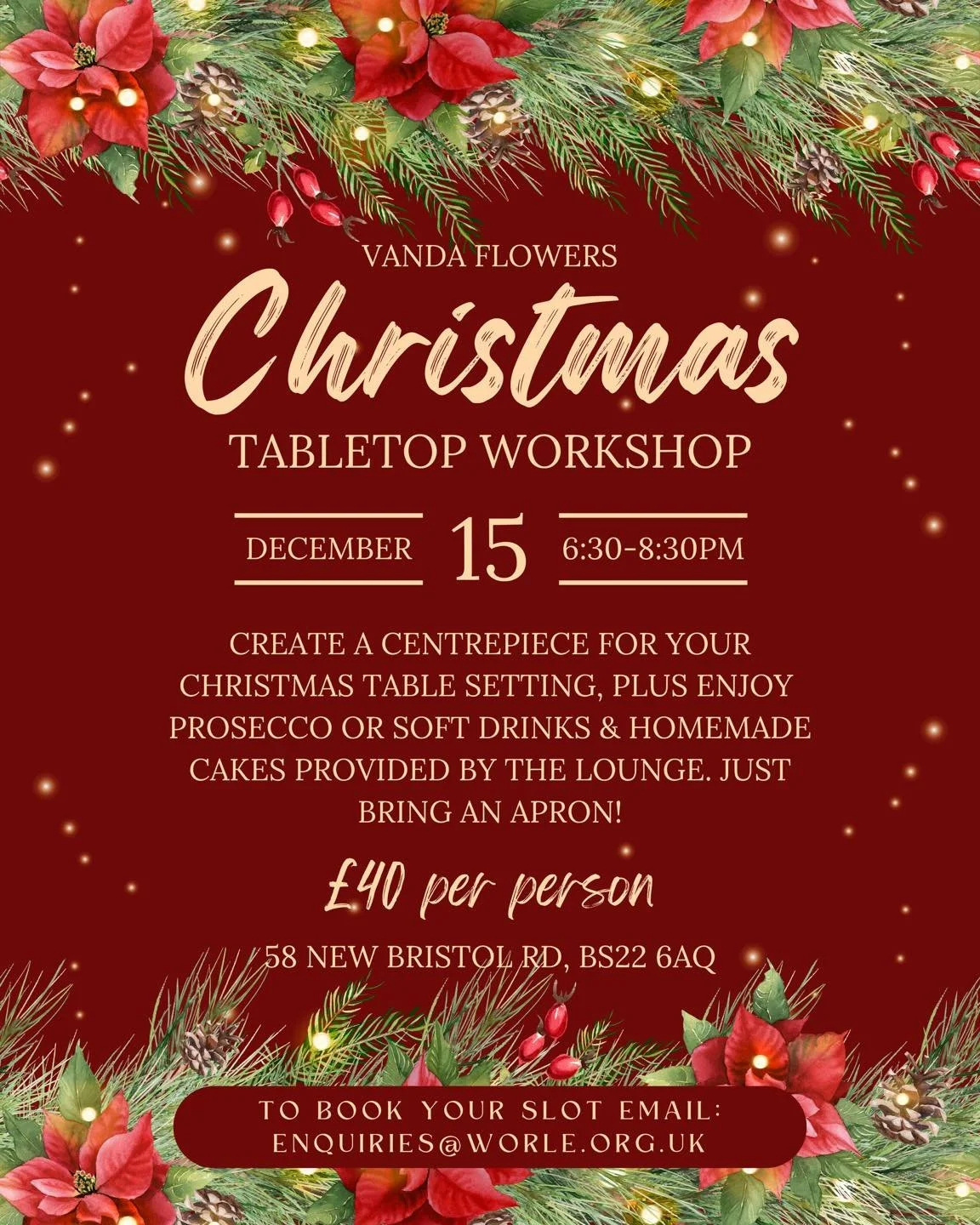 Add a little festive magic to your Christmas table! ✨🎄

Join us for a Christmas Tabletop Workshop with Vanda Flowers, where you&rsquo;ll create your very own festive centrepiece to make your Christmas table extra special 🌿

Enjoy a glass of prosecc
