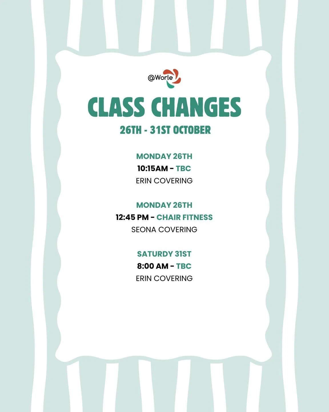 Class Changes for the week commencing 26th of October 🎃