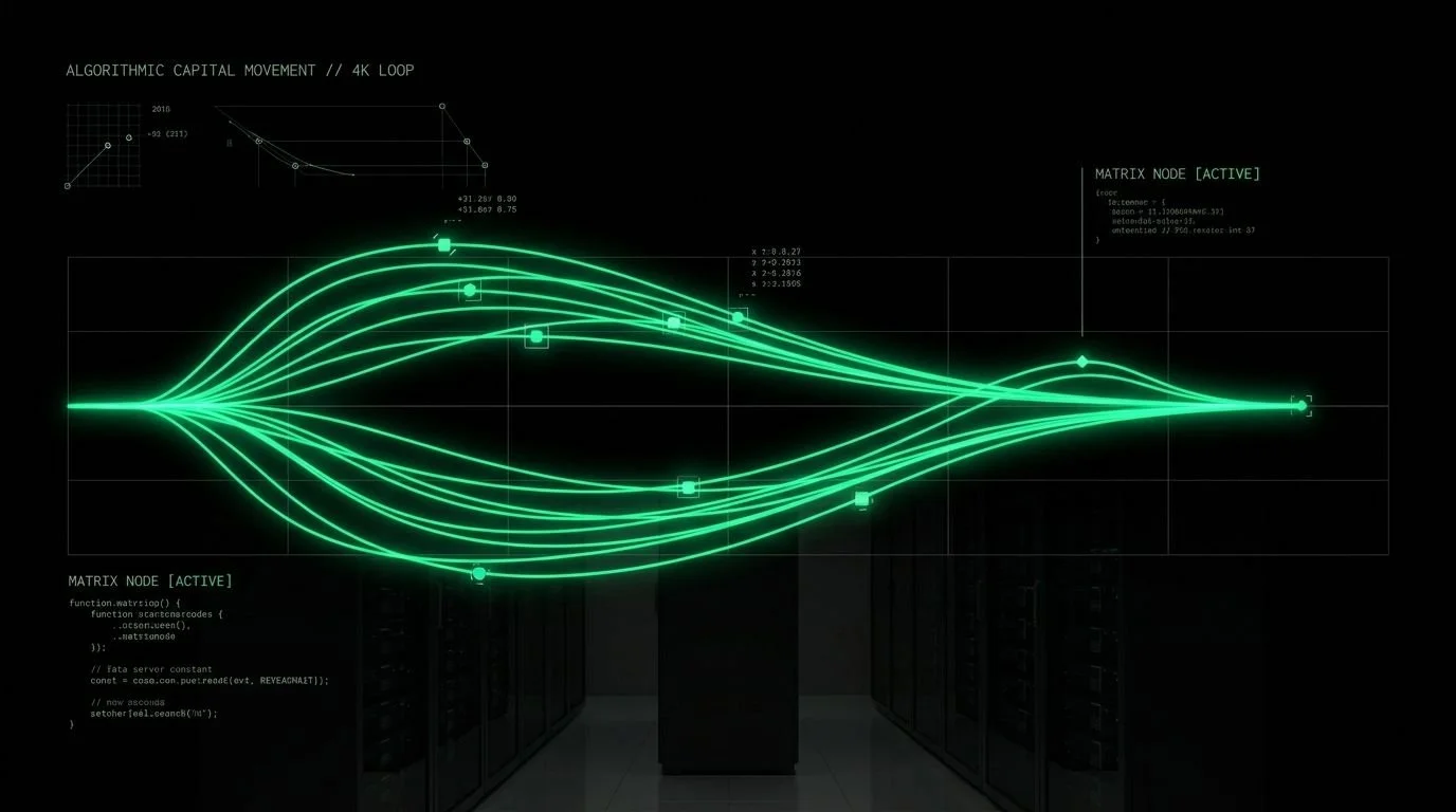 A digital illustration of a neon green flow chart on a black background, representing an algorithmic process with data nodes and curves, overlaid on a server room with racks of server hardware.