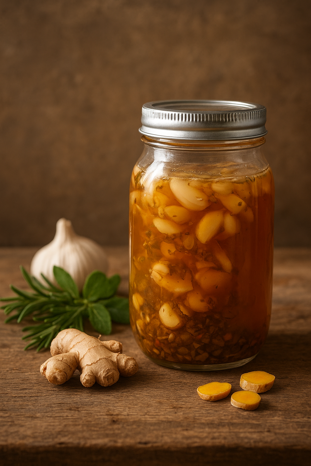 A glass jar filled with garlic cloves submerged in preserved liquid, placed on a wooden surface with a garlic bulb, ginger root, and fresh herbs nearby.