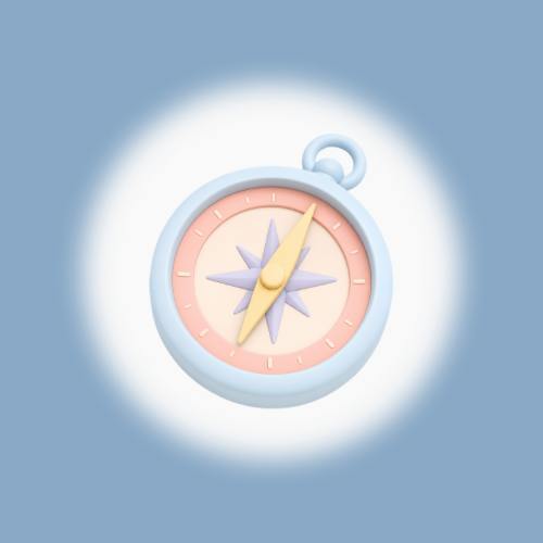 Digital illustration of a pastel-colored compass with a light blue outer rim, pink face, and a yellow needle pointing northeast, set against a soft blue background.