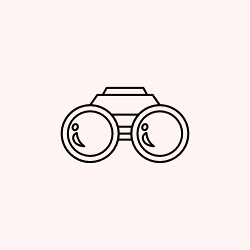 A simple black outline drawing of binoculars with smiley faces inside the lenses.