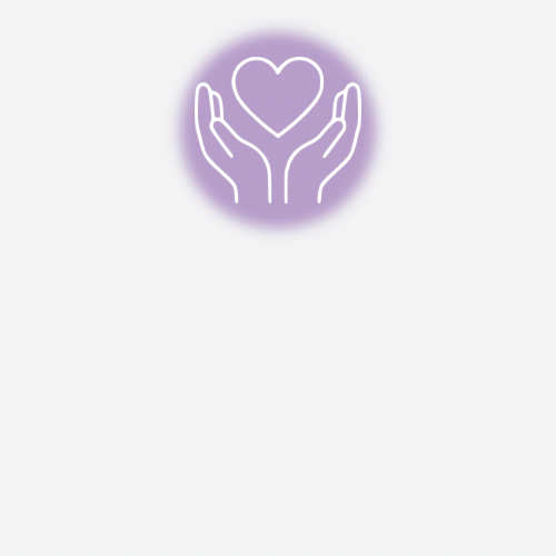 Neon outline of two hands holding a heart, glowing purple against a light background.