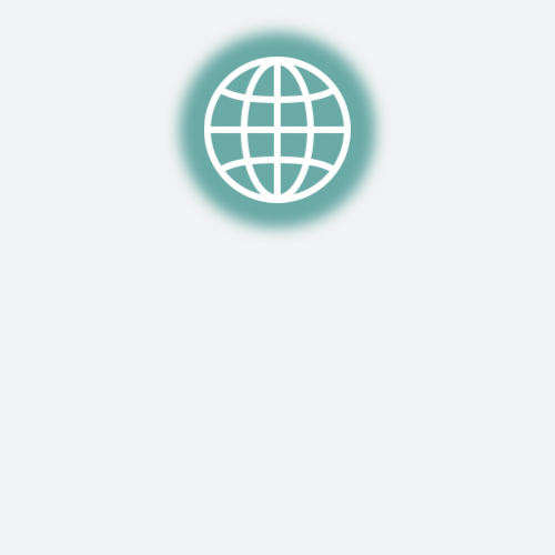 Icon of a globe within a circular glow at the top center of a light gray background.