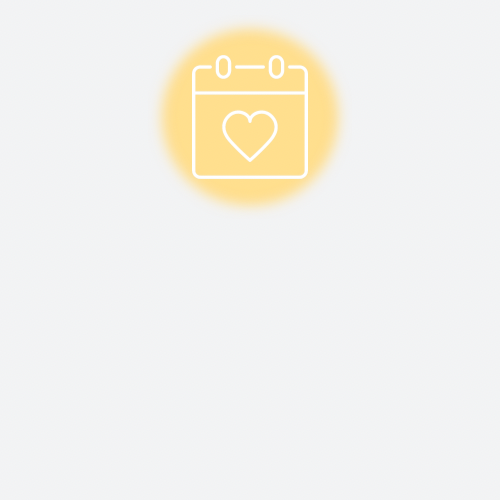 A white calendar icon with a heart in the center, set against a pale yellow circular background.