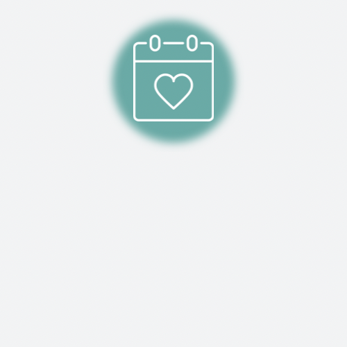 A calendar icon with a heart in the center, set against a teal circular background.