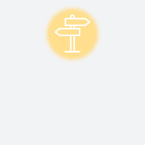 Icon of a directional signpost with three arrows, on a yellow circular background.