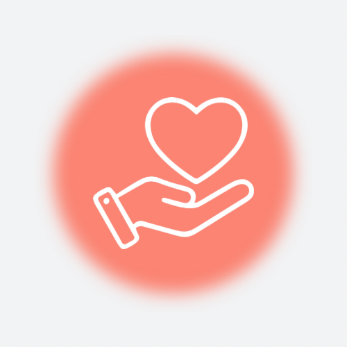 Outline of a hand holding a heart, with a red glowing circle background.